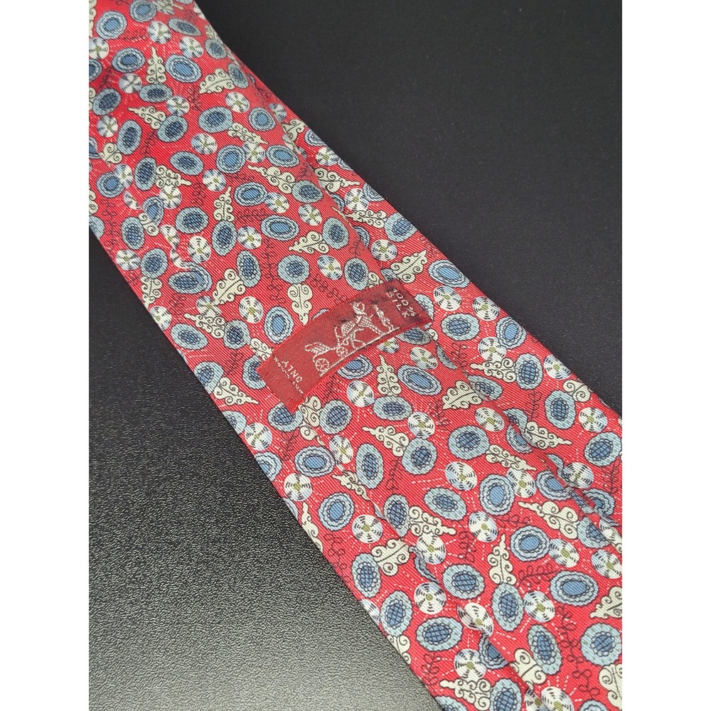 Hermes Mens Silk Necktie Red Blue Medallion 7710 OA Made in France